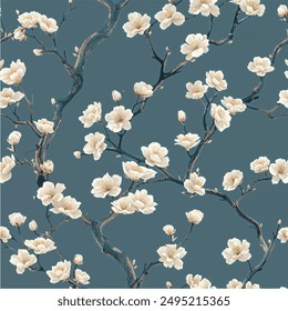 Blossom trees with flowers. Seamless pattern In Chinoiserie, japandi, botanical style vector