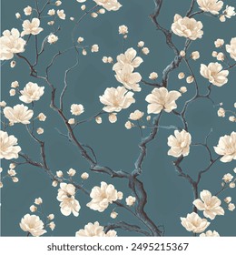 Blossom trees with flowers. Seamless pattern In Chinoiserie, japandi, botanical style vector