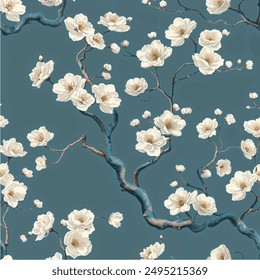 Blossom trees with flowers. Seamless pattern In Chinoiserie, japandi, botanical style vector