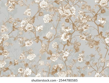 Florestas com flores. Padrão perfeito, plano de fundo. Ilustração vetorial. Em Chinoiserie, japandi, estilo botânico