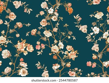 Blossom trees with flowers. Seamless pattern, background. Vector illustration. In Chinoiserie, japandi, botanical style