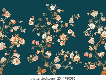Blossom trees with flowers. Seamless pattern, background. Vector illustration. In Chinoiserie, japandi, botanical style