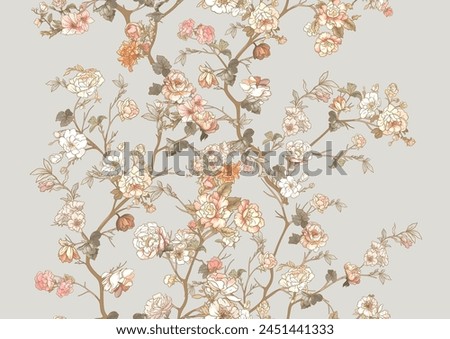 Blossom trees with flowers. Seamless pattern, background. Vector illustration. In Chinoiserie, japandi, botanical style