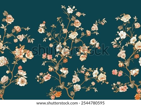 Blossom trees with flowers. Seamless pattern, background. Vector illustration. In Chinoiserie, japandi, botanical style