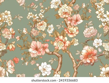 Árboles florecientes con rosa, peonía, crisantemo, patrón sin foco, fondo. Ilustración vectorial. En Chinoiserie, estilo botánico