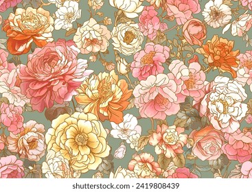 Blossom trees with rose, peony, chrysanthemum, Seamless pattern, background. Vector illustration. In Chinoiserie, botanical style