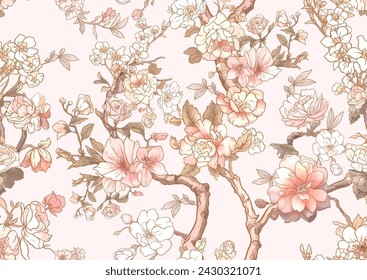 Blossom trees with rose, peony, chrysanthemum, Seamless pattern, background. Vector illustration in Chinoiserie, botanical style