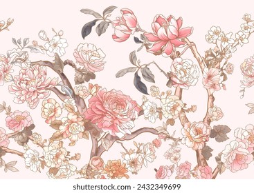 Blossom trees with rose, peony, chrysanthemum, Seamless pattern, background. Vector illustration in Chinoiserie, botanical style