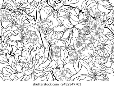 Blossom trees with rose, peony, chrysanthemum, Seamless pattern, background. Outline Vector illustration. In Chinoiserie, botanical style