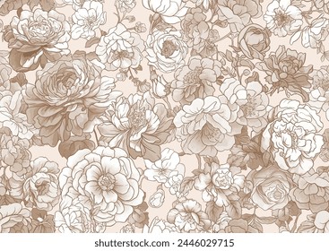 Blossom trees with rose, peony, chrysanthemum, Seamless pattern, background. Vector illustration in Chinoiserie, botanical style