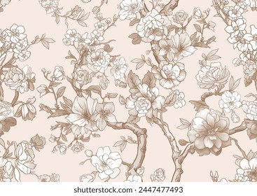 Blossom trees with rose, peony, chrysanthemum, Seamless pattern, background. Vector illustration in Chinoiserie, botanical style