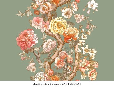 Blossom trees with rose, peony, chrysanthemum, Seamless pattern, background. Vector illustration. In Chinoiserie, botanical style