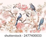 Blossom trees with sparrow and parrots Seamless pattern, background. Vector illustration. In Chinoiserie, botanical style