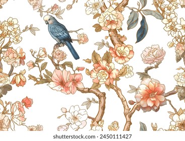 Blossom trees with sparrow and parrots Seamless pattern, background. Vector illustration. In Chinoiserie, botanical style