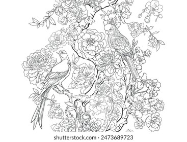 Blossom trees with sparrow and parrots Seamless pattern, background. Outline Vector illustration. In Chinoiserie, botanical style