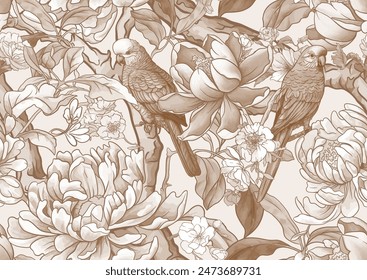 Blossom trees with sparrow and parrots Seamless pattern, background. Vector illustration. In Chinoiserie, botanical style