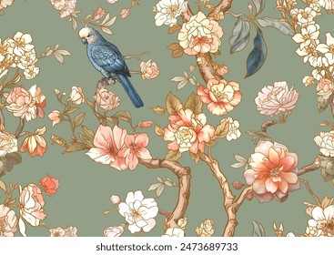 Árboles en flor con gorrión y loros Patrón sin fisuras, fondo. Ilustración vectorial. En Chinoiserie, estilo botánico