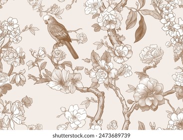 Blossom trees with sparrow and parrots Seamless pattern, background. Vector illustration. In Chinoiserie, botanical style