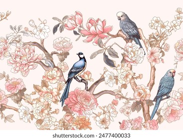 Blossom trees with sparrow and parrots Seamless pattern, background. Vector illustration. In Chinoiserie, botanical style