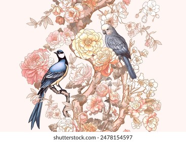 Árboles en flor con gorrión y loros Patrón sin fisuras, fondo. Ilustración vectorial. En Chinoiserie, estilo botánico