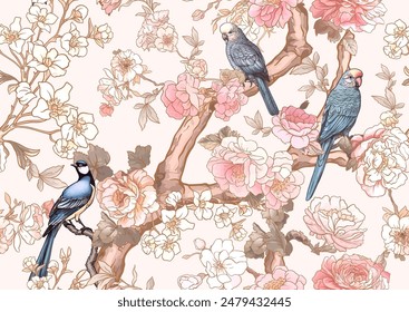 Blossom trees with sparrow and parrots Seamless pattern, background. Vector illustration. In Chinoiserie, botanical style