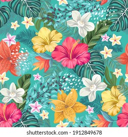 Blossom tropics - seamless vector pattern with hand drawn vector illustration of blooming flowers and leaves