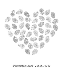 Blossom twigs Decorated Easter eggs heart shaped in grayscale. Easter greeting decorative background