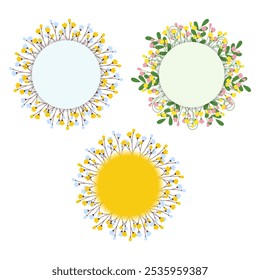 Blossom twigs and green leaves Springtime colorful Circle frames Set of 3 Easter greeting Template