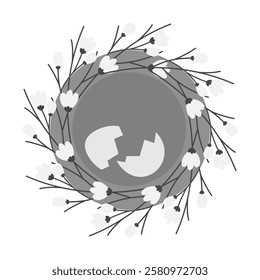 Blossom twigs Nest and Cracked Eggshell in grayscale. Easter greeting cards design element concept