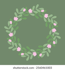 Blossom twigs and spring leaves Circle Frame border on trendy soft green shades. Copy space Template