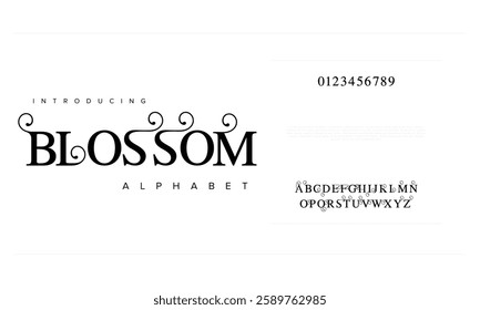 Blossom typography beauty fashion elegant minimalist serif italic fonts decorative wedding vintage retro logos. Minimal luxury font alphabet logo. Vector illustration