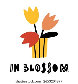 Em flor. Vaso com tulipas. Ilustração plana abstrata do vetor. Modelo para cartão de mensagem. Flores bonitas