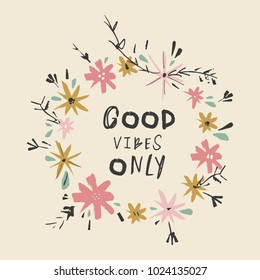 Blossom wreath, frame template. Hand letters. Decor elements, postcard, sticker, card for social networks and for printing. Vector, clip art. Isolated.