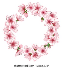 Blossom wreath, round vector flower garland. Spring greeting card, invitation, poster or banner template with pink blooming ring. Text place in cherry bloom frame, white background. Holiday decoration