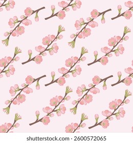 Blossomed apricot branch seamless pattern.Blooming floral plant, spring. Floral pattern for wallpaper or fabric. Vector Illustration