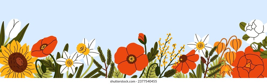Blossomed flowers border. Floral nature background. Long botanical banner. Spring blooming plants ornament, beautiful field and meadow flora decoration, buds and leaf pattern. Flat vector illustration