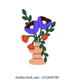 Blossomed flowers bouquet in modern vase. Fresh cut floral bunch, spring romantic gift. Showy posy of blooming plants and leaves. Colored flat vector illustration isolated on white background