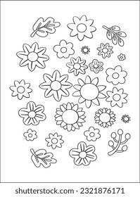 Blossomed flowers coloring book  or page. Coloring book with flowers theme. Hand-drawn flower composition. Coloring page - zendala, design for spiritual relaxation for adults, vector illustration.
