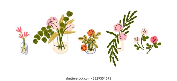 Flores y hojas en jarrones de vidrio. Plantas florales frescas, ramos, delicados baños de flores en primavera y verano. Bonitos postes gentiles. Ilustraciones vectoriales planas aisladas en fondo blanco