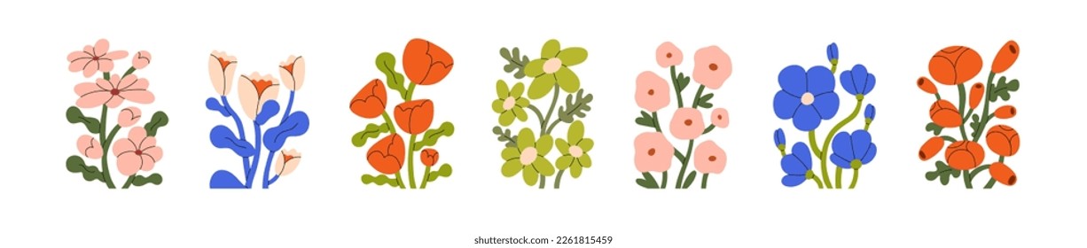 Blossomed flowers set. Spring wild blooms, interior wall arts. Delicate summer floral plants with gorgeous petal, leaf. Modern botanical flat vector illustrations isolated on white background