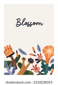 Blossomed flowers, whimsical botanical card background. Abstract creative fantastic floral plants in modern primitive style. Fancy wildflowers, Vertical nature postcard. Flat vector illustration