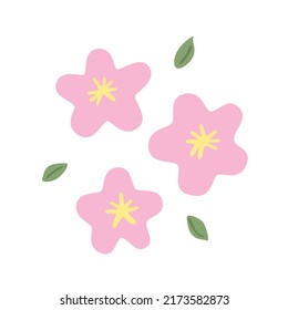 Flores de cerezo primaveral florecientes. Plantas florecientes de jardín con hojas. Resumen de flora silvestre. Ilustración vectorial plana de una delicada flor silvestre aislada en fondo blanco