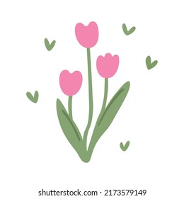 Blossomed spring flowers growing in ground. Blooming floral garden plants with leaf in soil. Abstract wild flora. Flat vector illustration of delicate wildflower isolated on white background