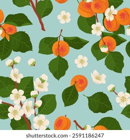 Blossoming apricot branches in a seamless pattern. Vector illustration in hand drawn flat style