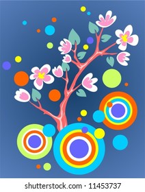 Blossoming branch of an apple-tree and abstract pattern on a dark blue background.