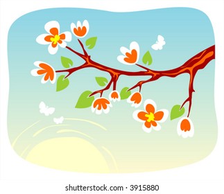 Blossoming branch of an apple-tree on a background of the sky and the sun with moths.