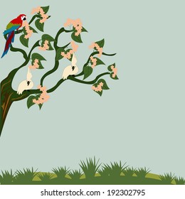 Blossoming branch and birds