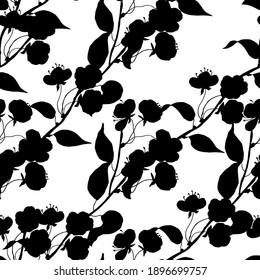 Blossoming branch of cherry,  plum. Black silhouette. Vector seamless pattern.