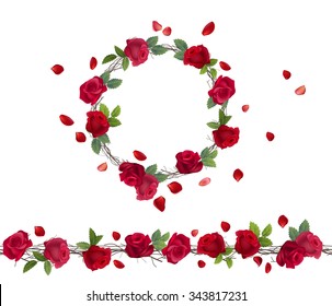 Blossoming branch of red roses. Endless pattern brush, round garland.