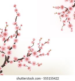 Blossoming branch of sakura - Japanese cherry tree. Beautiful cherry blossom pink flower. EPS 10 vector file included